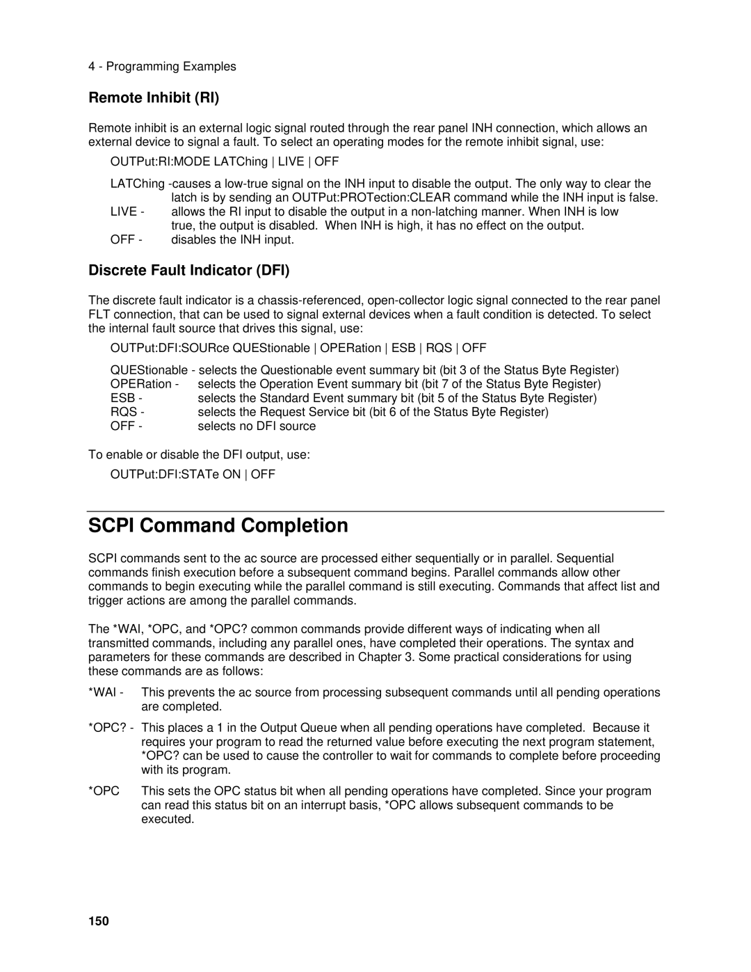 Agilent Technologies 6834B, 6814B, 6843A manual Scpi Command Completion, Remote Inhibit RI, Discrete Fault Indicator DFI, 150 
