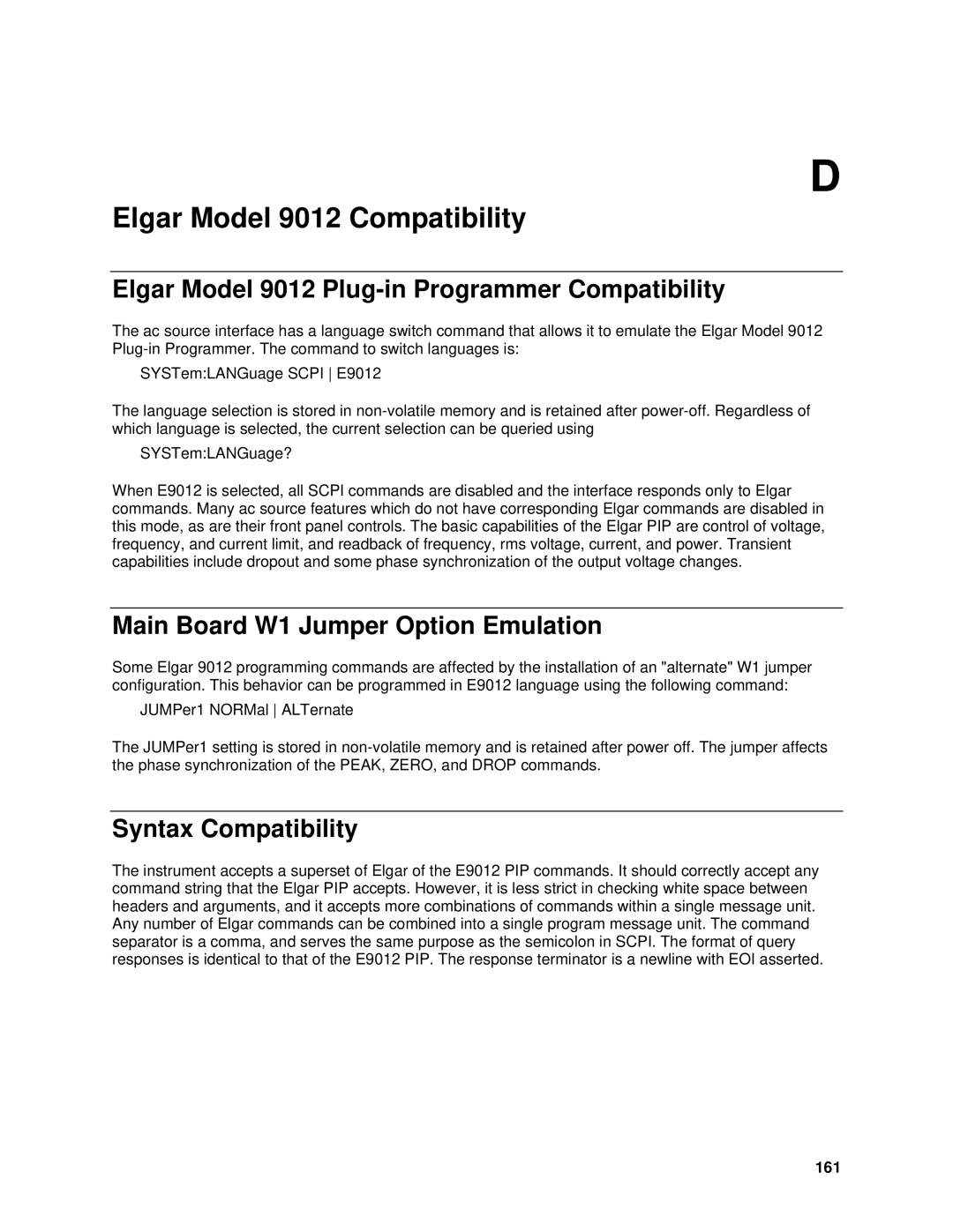 Agilent Technologies 6812B Elgar Model 9012 Plug-in Programmer Compatibility, Main Board W1 Jumper Option Emulation, 161 