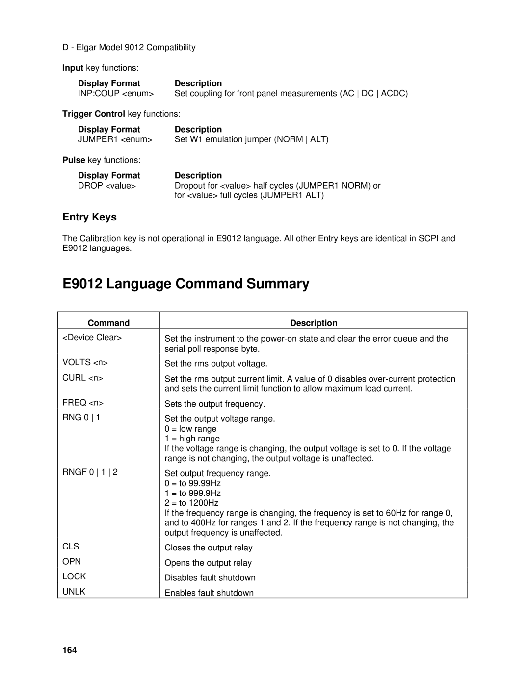 Agilent Technologies 6843A, 6834B, 6814B E9012 Language Command Summary, Entry Keys, Trigger Control key functions, 164 