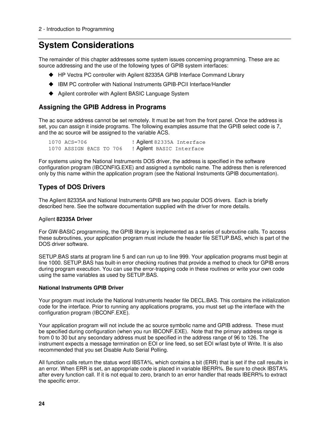 Agilent Technologies 6834B, 6814B manual System Considerations, Assigning the Gpib Address in Programs, Types of DOS Drivers 