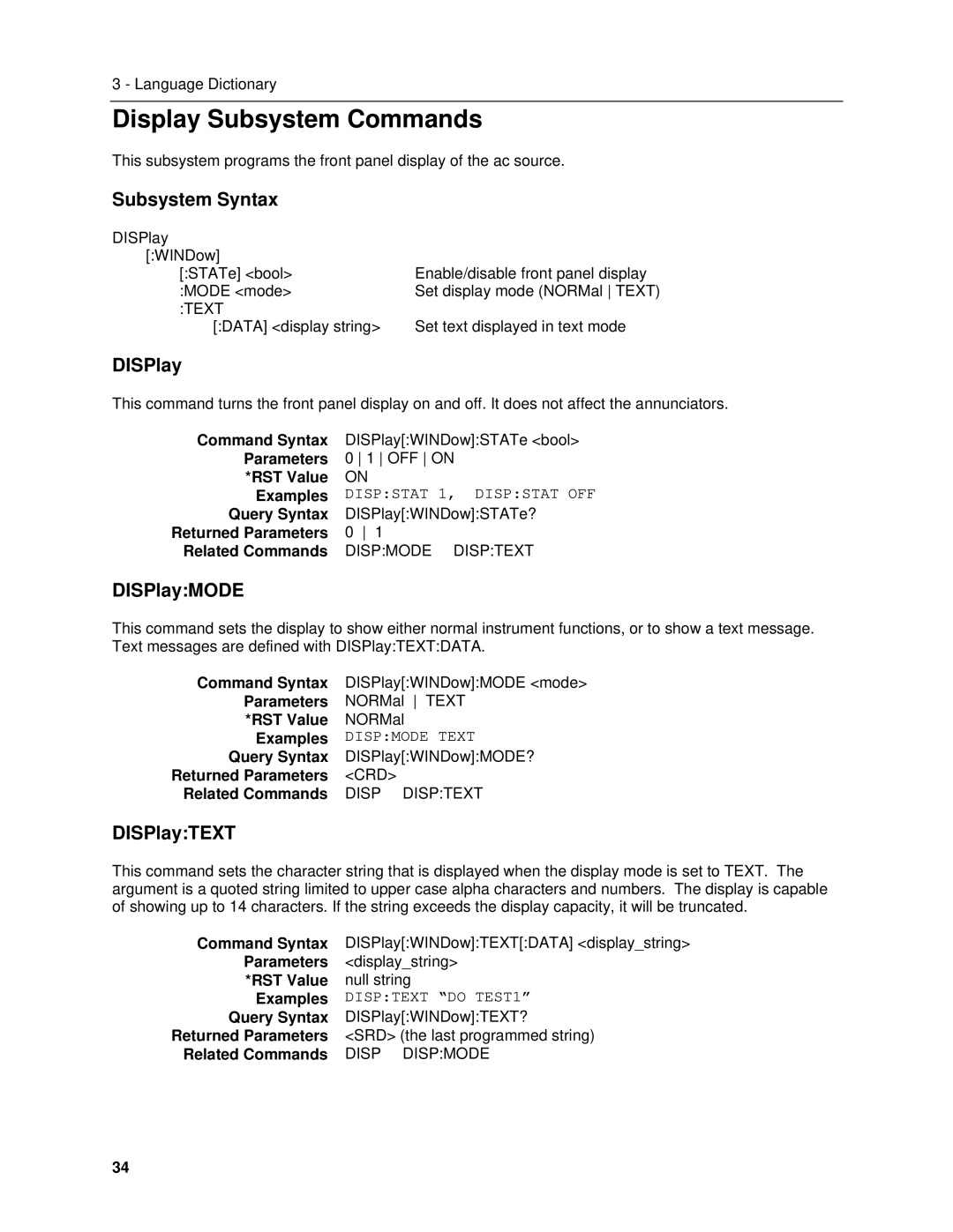 Agilent Technologies 6811B, 6834B, 6814B, 6843A, 6813B, 6812B manual Display Subsystem Commands, DISPlayMODE, DISPlayTEXT 