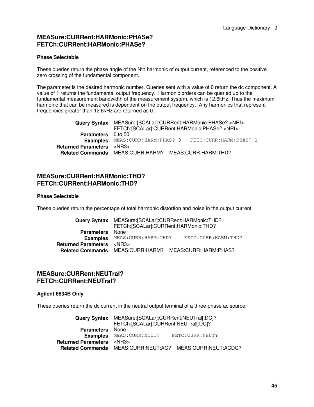 Agilent Technologies 6813B, 6834B, 6814B, 6843A, 6811B, 6812B manual MEASureCURRentHARMonicPHASe? FETChCURRentHARMonicPHASe? 