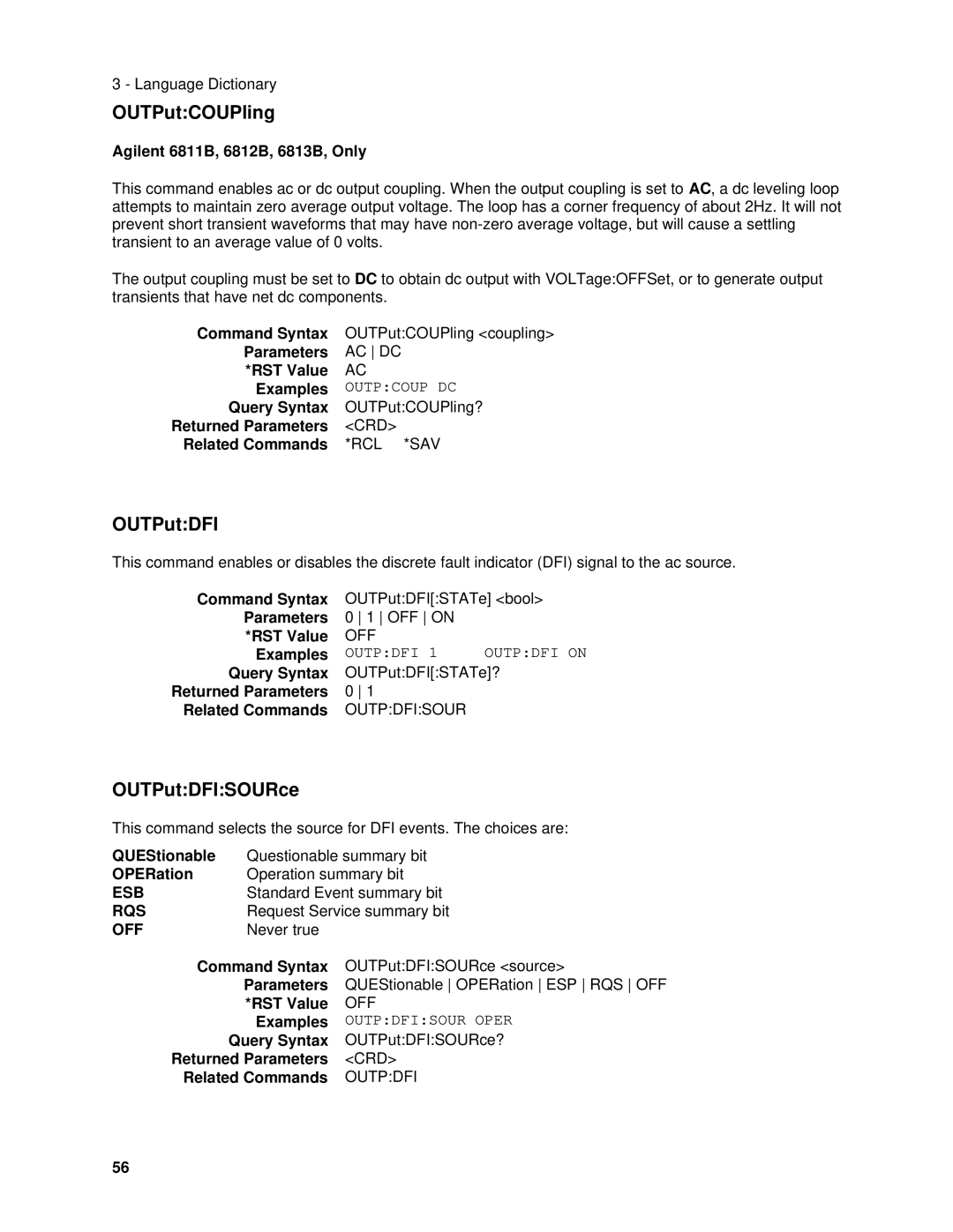 Agilent Technologies 6843A, 6834B, 6814B, 6813B, 6811B, 6812B manual OUTPutCOUPling, OUTPutDFISOURce, Outpcoup DC 