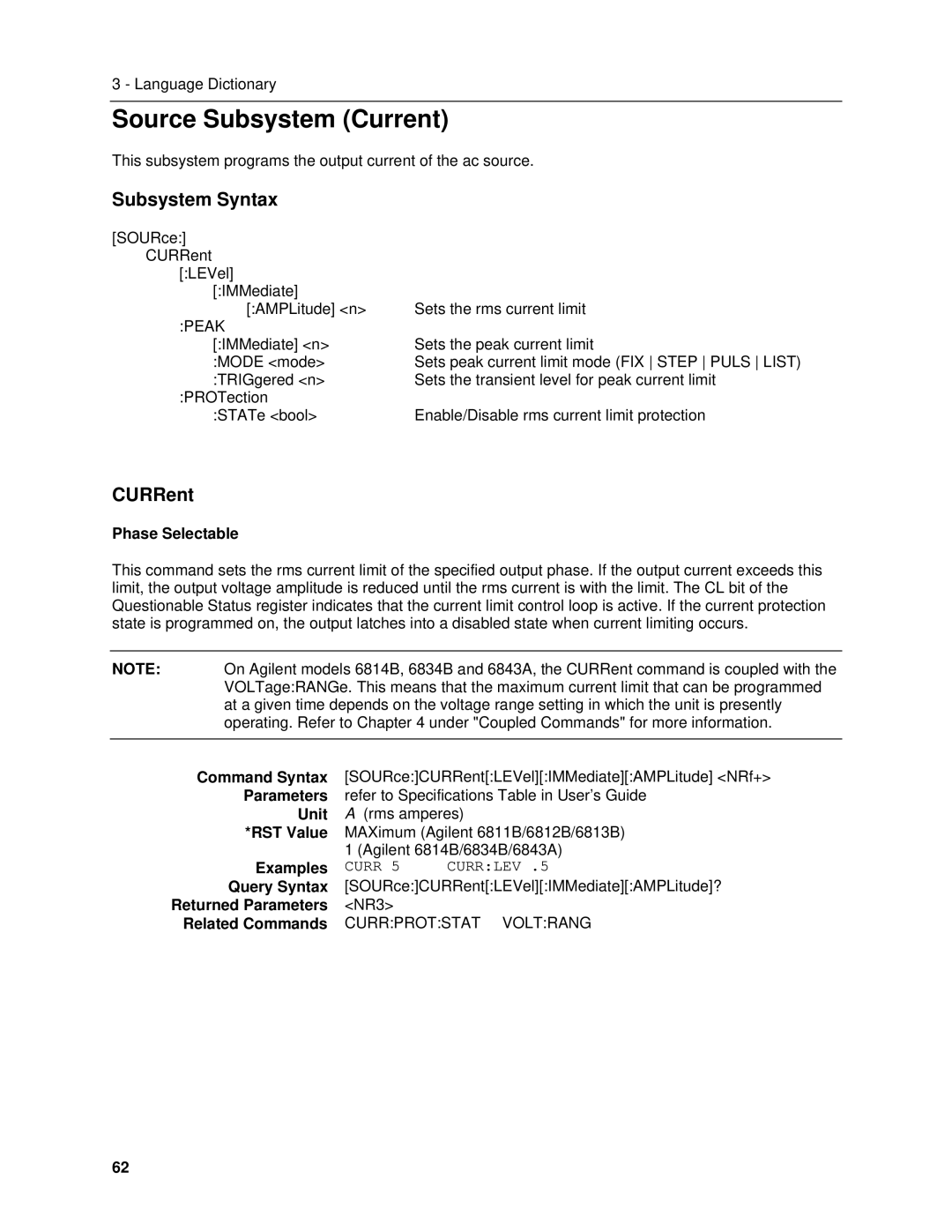 Agilent Technologies 6843A, 6834B, 6814B, 6813B, 6811B, 6812B manual Source Subsystem Current, CURRent 