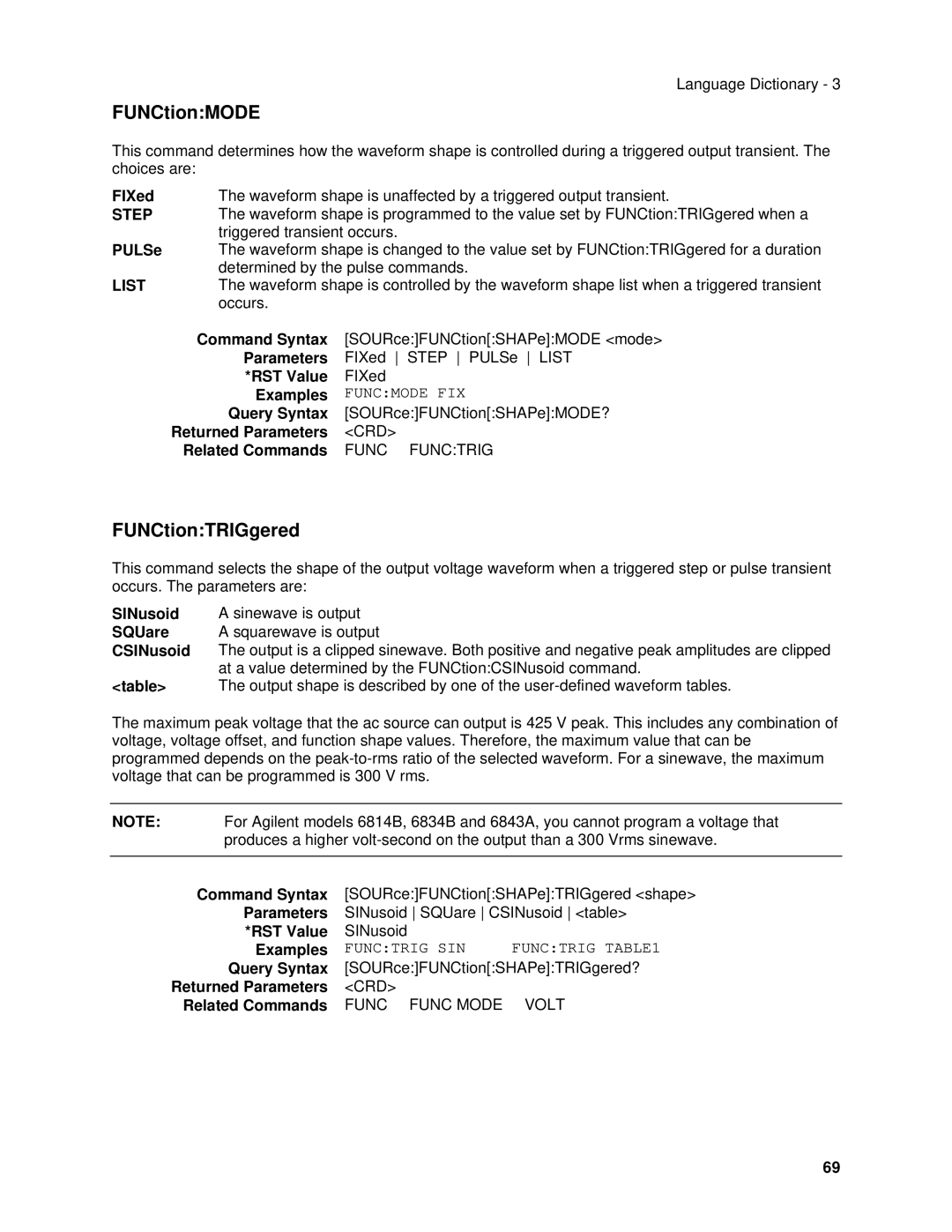 Agilent Technologies 6813B, 6834B FUNCtionMODE, FUNCtionTRIGgered, Funcmode FIX, Query Syntax SOURceFUNCtionSHAPeMODE? 