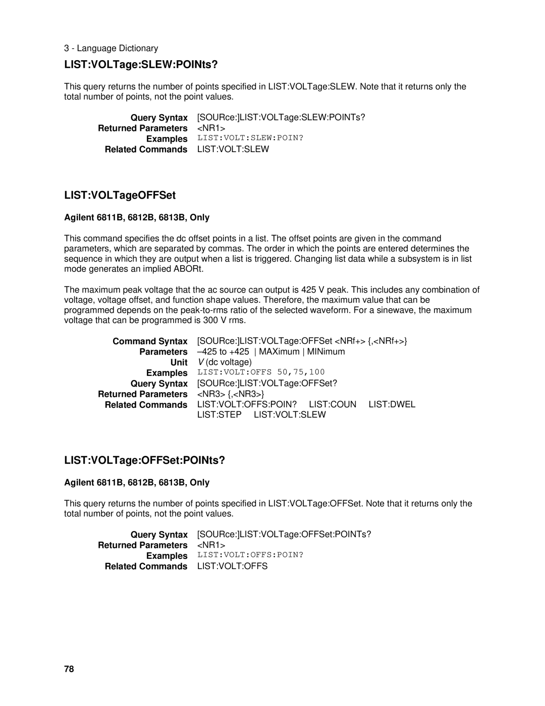 Agilent Technologies 6834B LISTVOLTageSLEWPOINts?, LISTVOLTageOFFSetPOINts?, Listvoltslewpoin?, Listvoltoffspoin? 