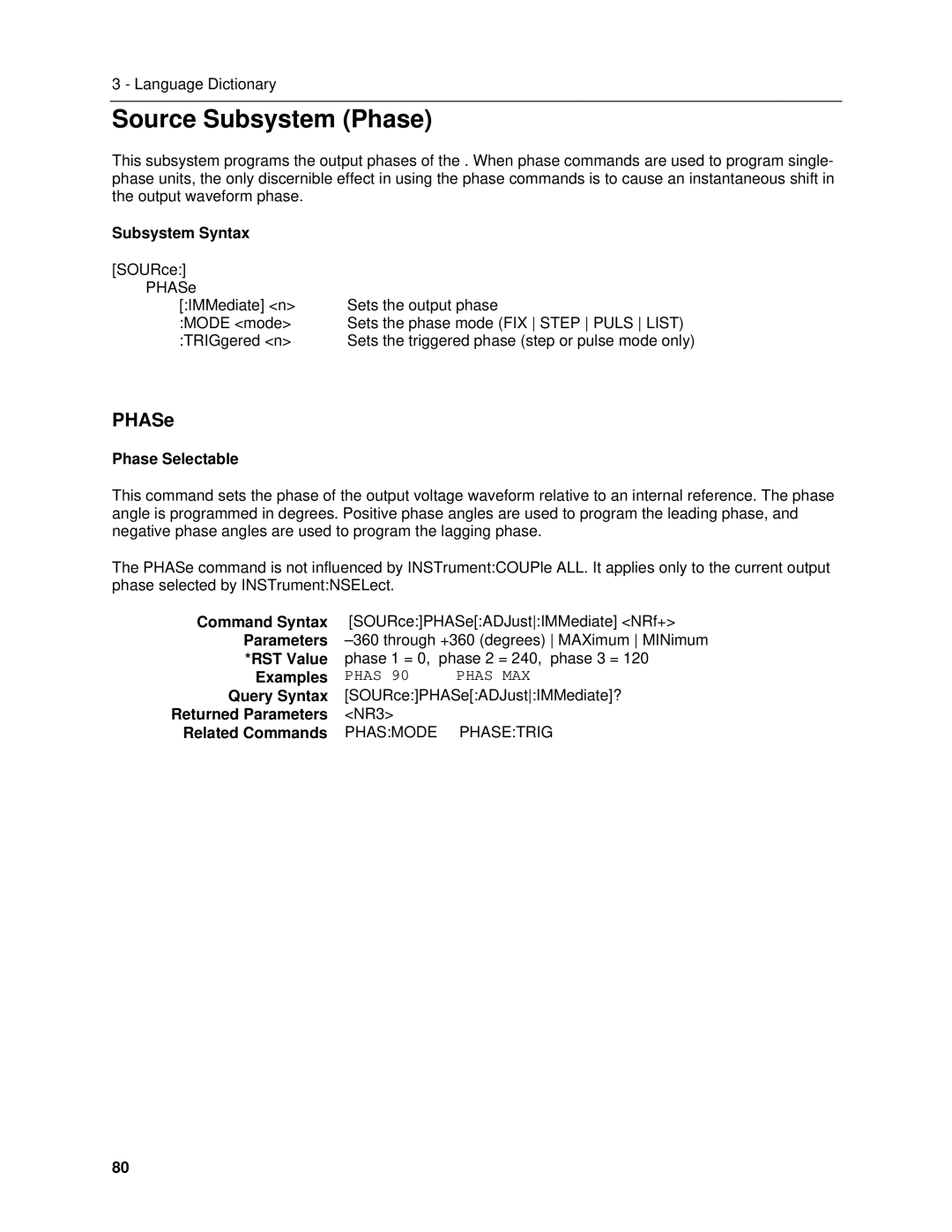 Agilent Technologies 6843A, 6834B, 6814B, 6813B, 6811B, 6812B manual Source Subsystem Phase, PHASe, Subsystem Syntax 