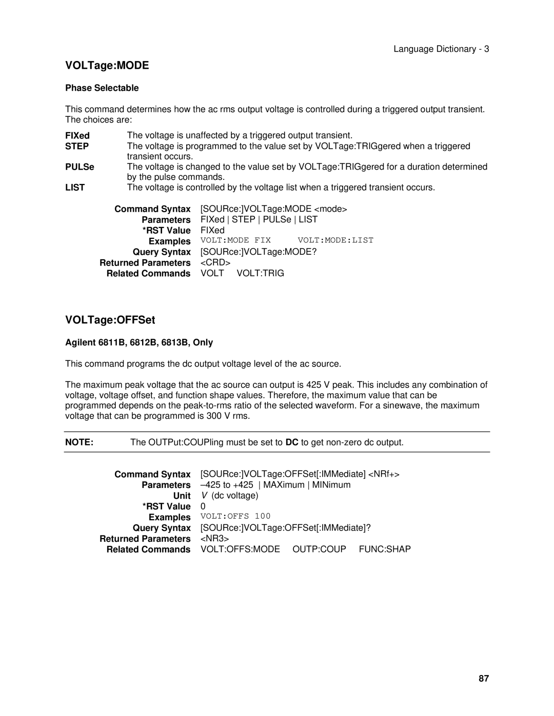 Agilent Technologies 6813B, 6834B, 6814B, 6843A, 6811B, 6812B manual VOLTageMODE, VOLTageOFFSet 