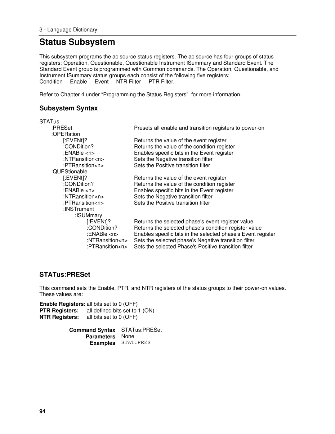 Agilent Technologies 6811B, 6834B, 6814B, 6843A, 6813B, 6812B manual Status Subsystem, STATusPRESet 