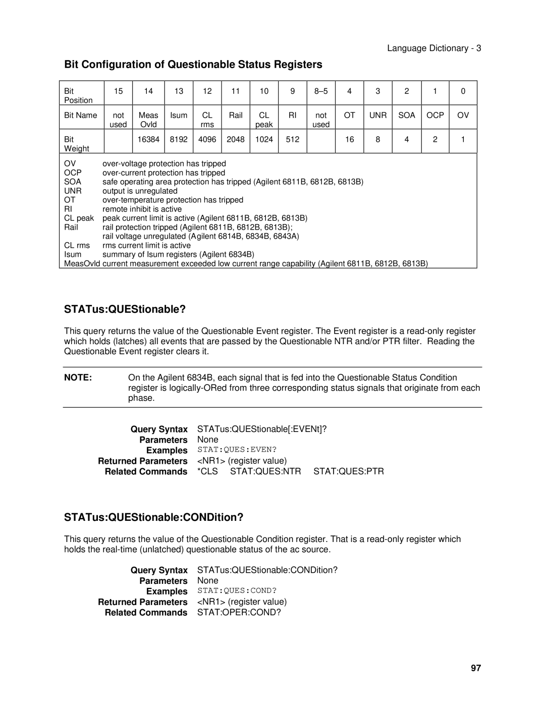 Agilent Technologies 6814B, 6834B Bit Configuration of Questionable Status Registers, STATusQUEStionable?, Statqueseven? 