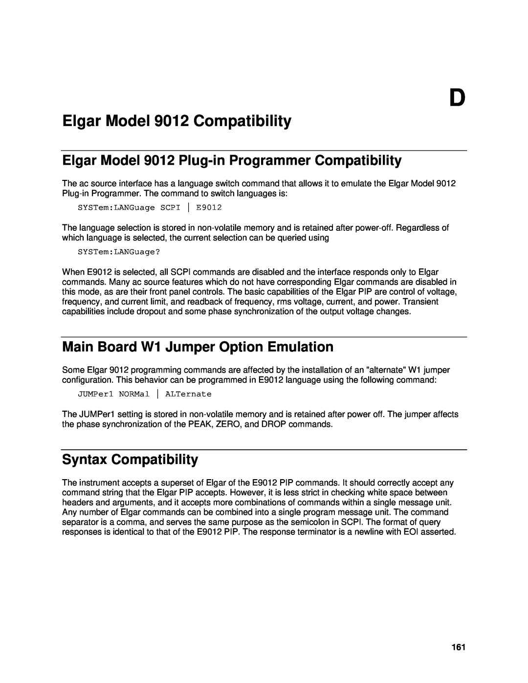 Agilent Technologies 6812B, 6834B, 6814B Elgar Model 9012 Compatibility, Elgar Model 9012 Plug-inProgrammer Compatibility 