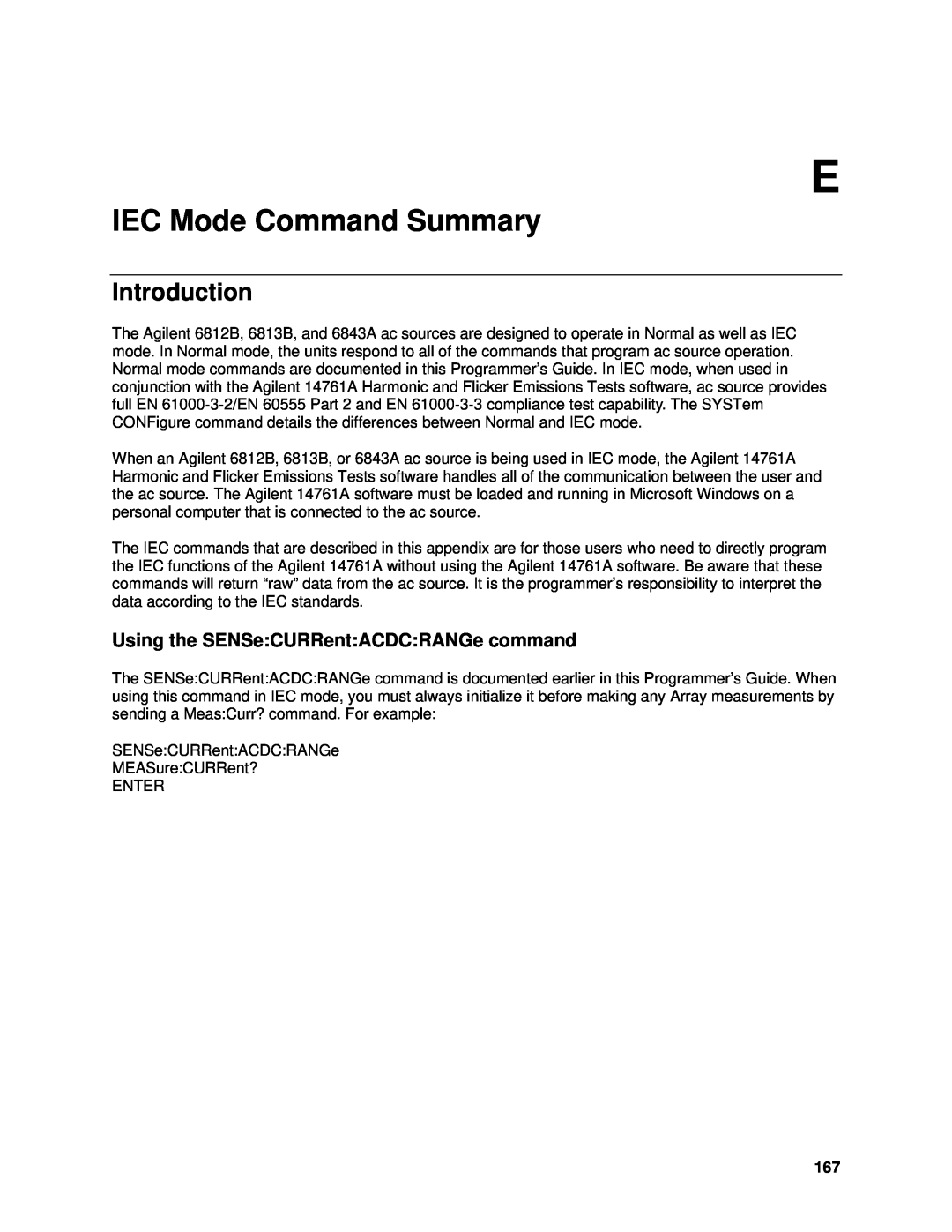 Agilent Technologies 6812B, 6834B, 6814B Using the SENSe:CURRent:ACDC:RANGe command, IEC Mode Command Summary, Introduction 