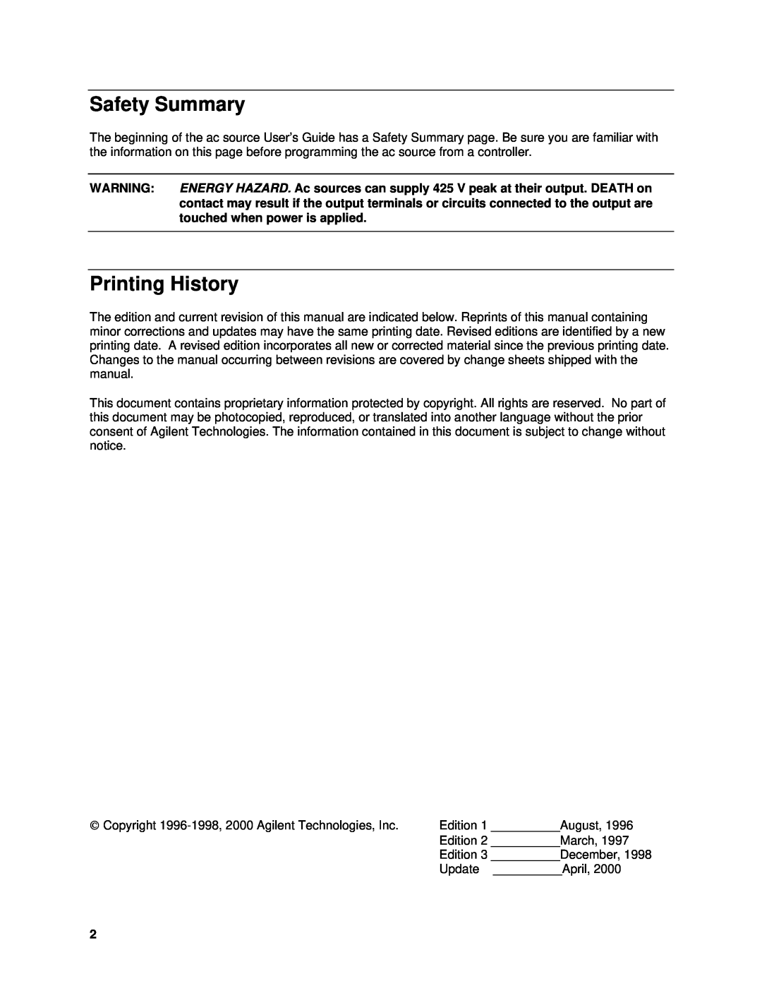 Agilent Technologies 6843A, 6834B, 6814B, 6813B, 6811B, 6812B manual Safety Summary, Printing History 