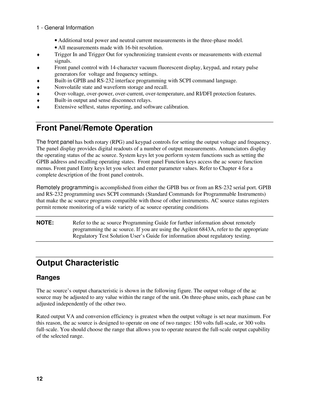 Agilent Technologies 6834B, 6814B, 6843A manual Front Panel/Remote Operation, Output Characteristic, Ranges 