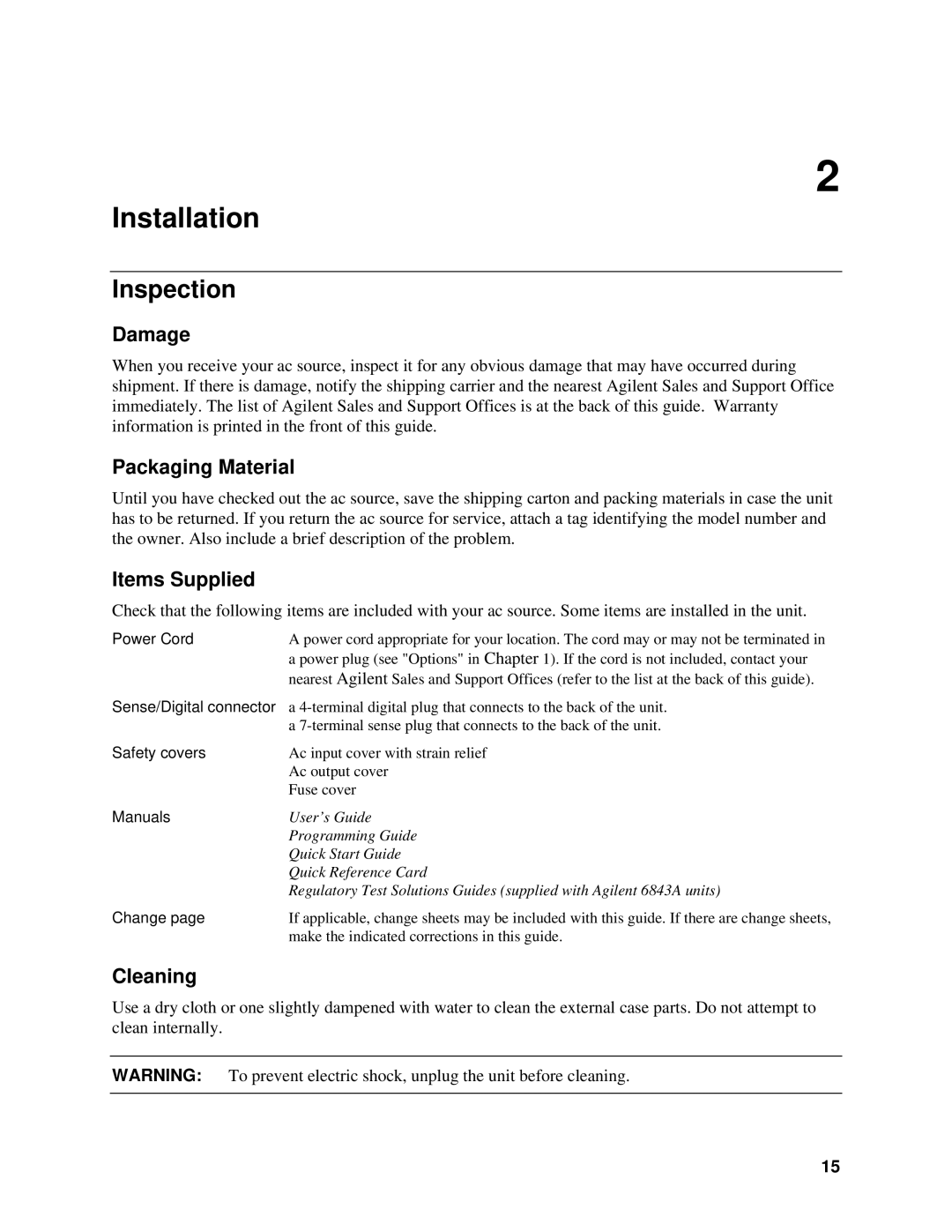 Agilent Technologies 6834B, 6814B, 6843A manual Inspection, Damage Packaging Material, Items Supplied, Cleaning 