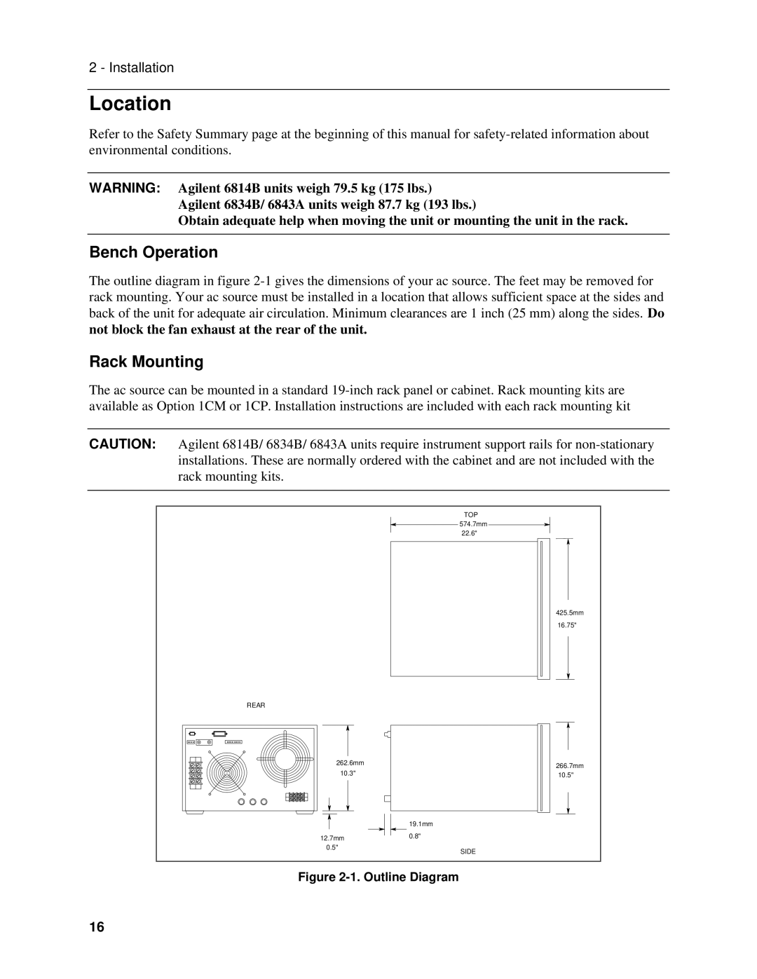 Agilent Technologies 6814B Location, Bench Operation, Rack Mounting, Not block the fan exhaust at the rear of the unit 