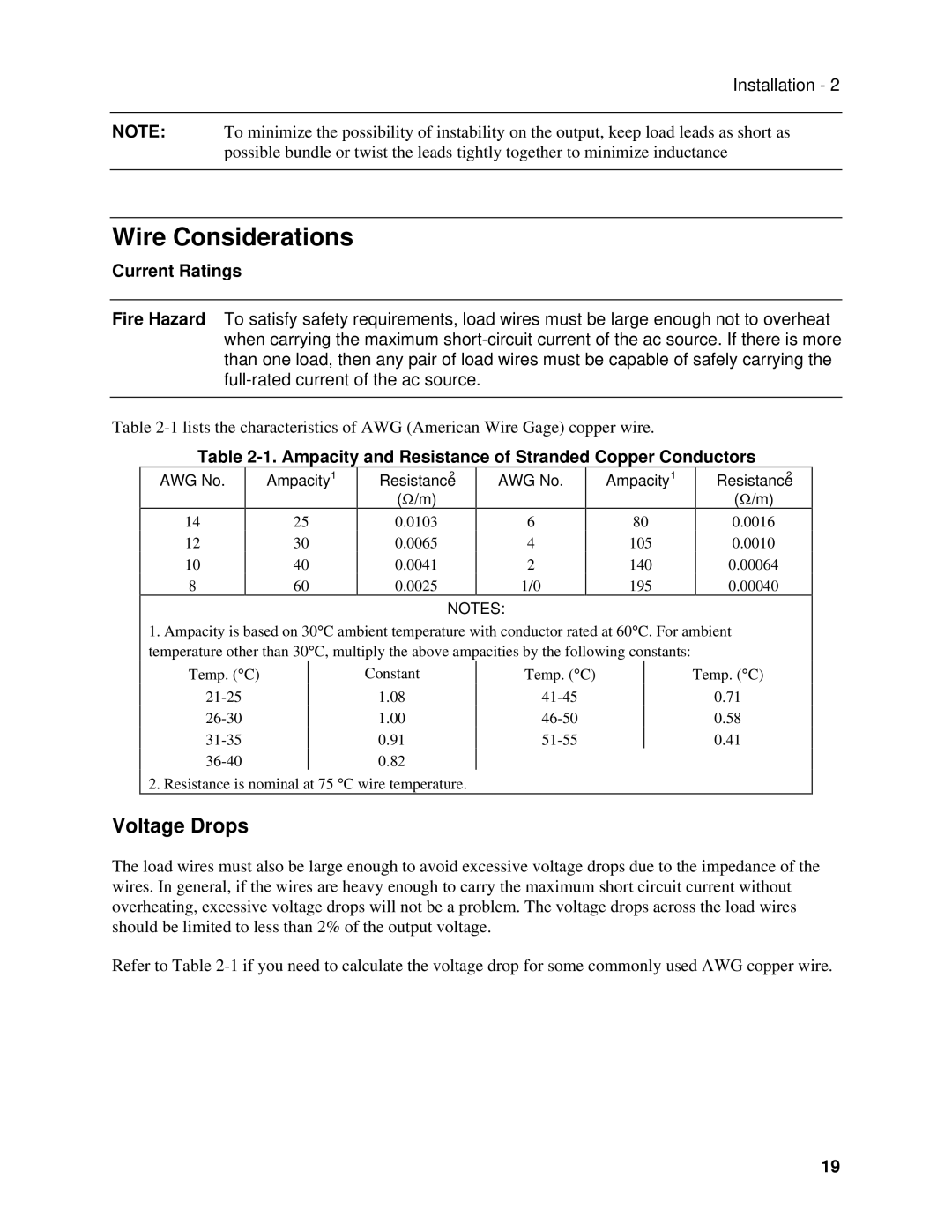 Agilent Technologies 6814B, 6834B, 6843A manual Wire Considerations, Voltage Drops, Current Ratings 