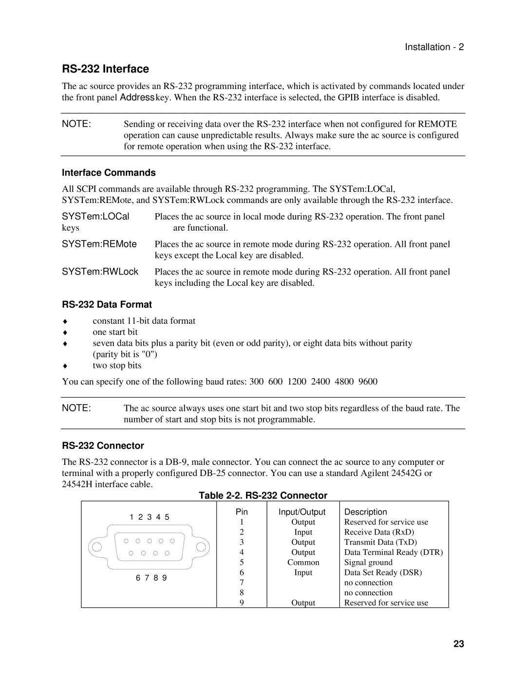 Agilent Technologies 6843A, 6834B, 6814B manual RS-232 Interface, Interface Commands, RS-232 Data Format, RS-232 Connector 