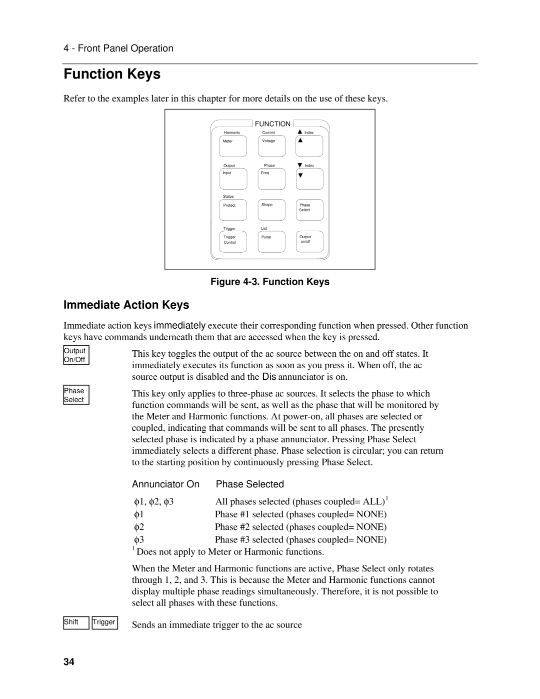 Agilent Technologies 6814B, 6834B, 6843A manual Function Keys, Immediate Action Keys, Annunciator On Phase Selected 