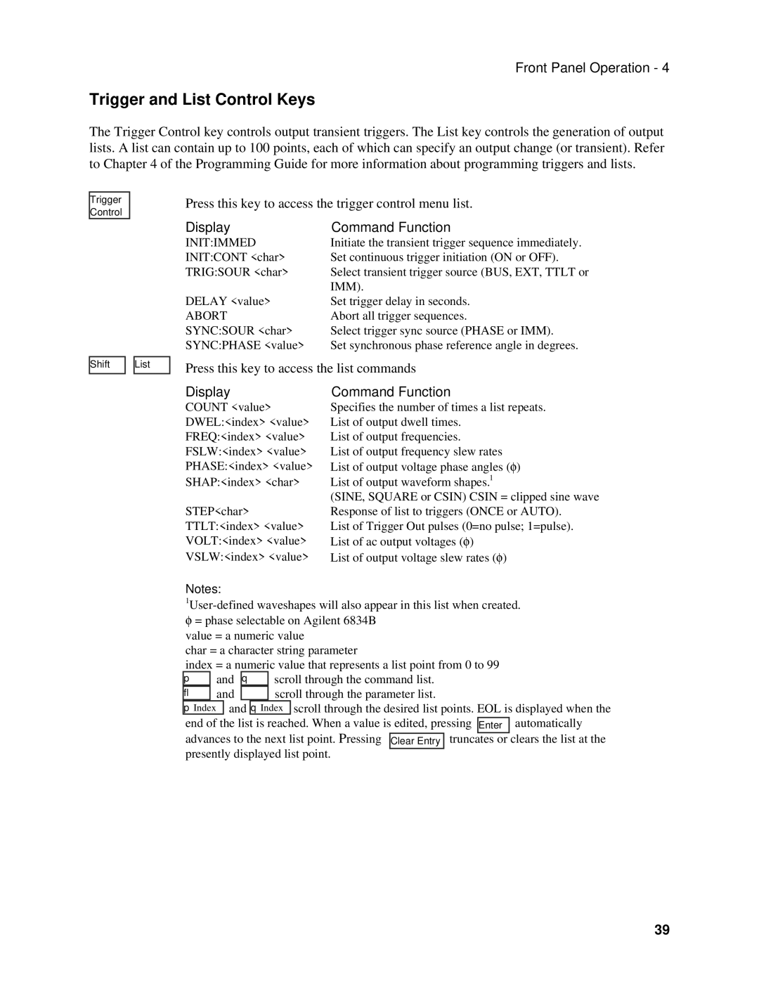Agilent Technologies 6834B, 6814B, 6843A manual Trigger and List Control Keys, Initimmed, Imm, Abort 