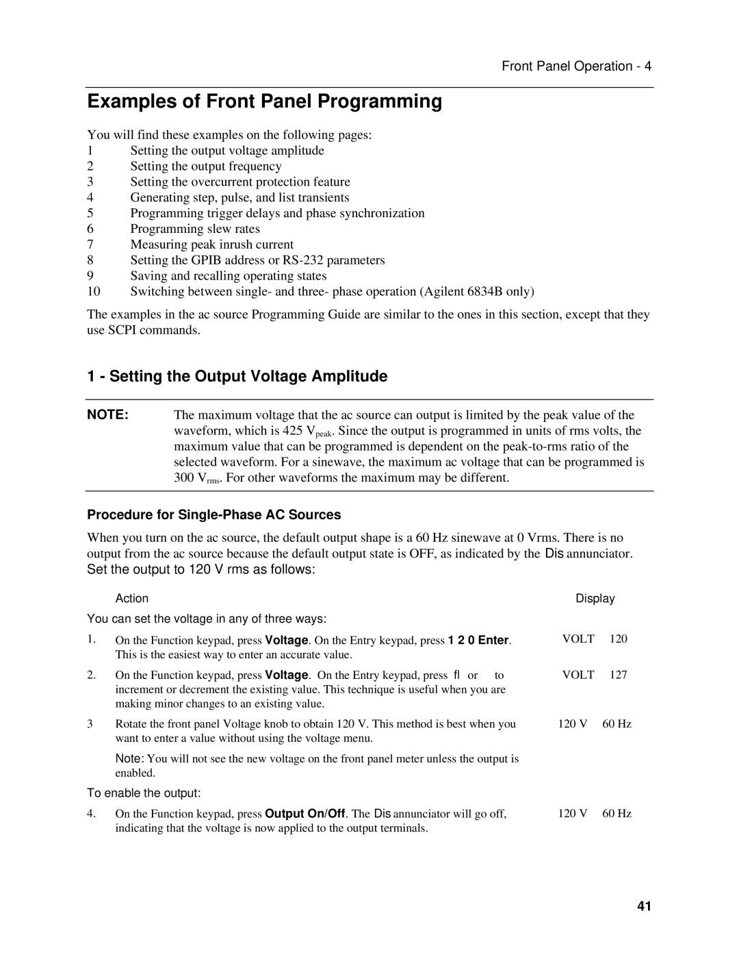 Agilent Technologies 6843A, 6834B, 6814B manual Examples of Front Panel Programming, Setting the Output Voltage Amplitude 