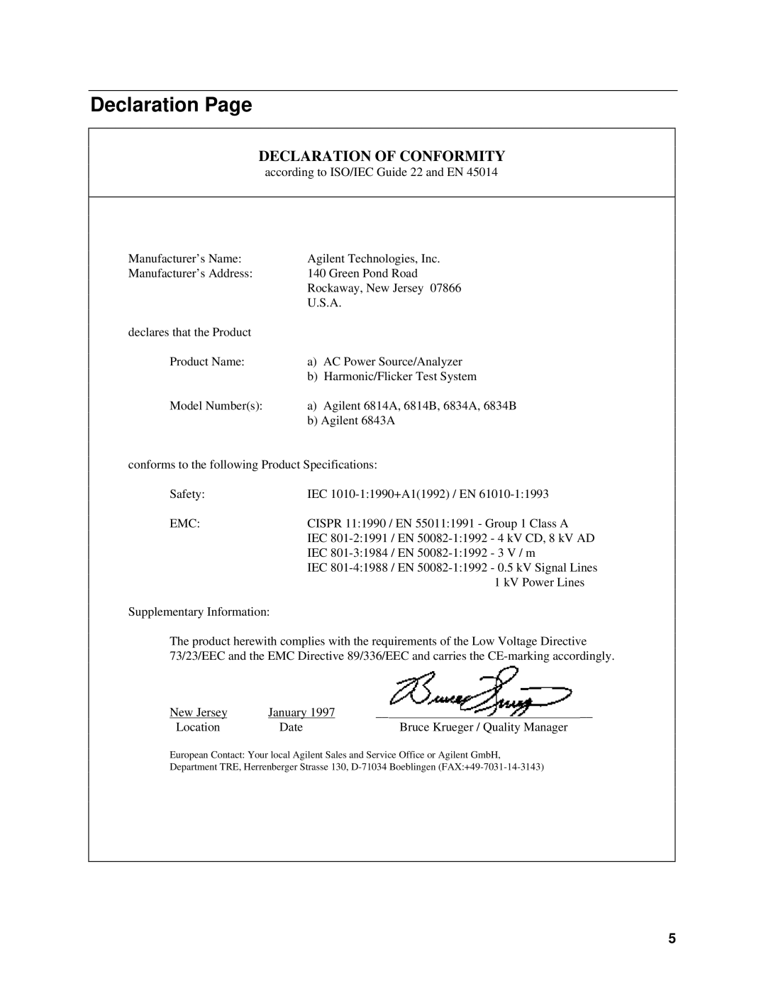 Agilent Technologies 6843A, 6834B, 6814B manual Declaration, Emc 