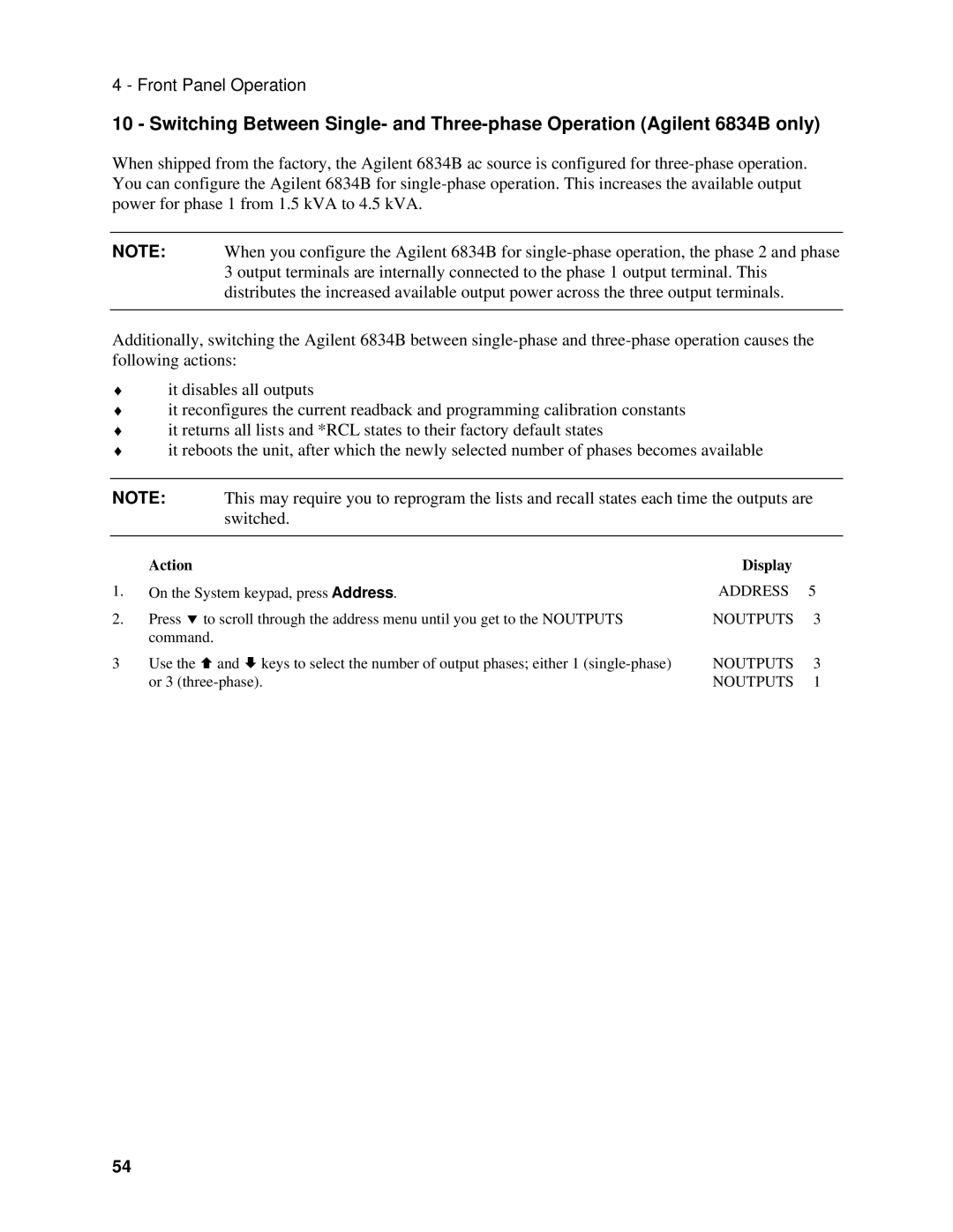 Agilent Technologies 6834B, 6814B, 6843A manual Action, Address Noutputs 