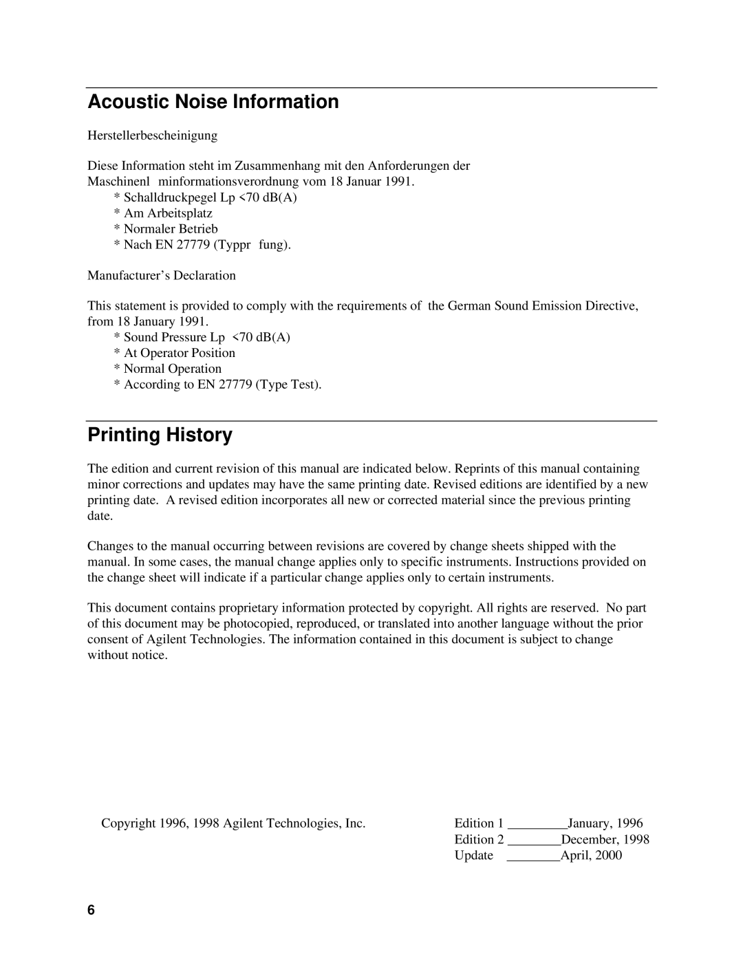 Agilent Technologies 6834B, 6814B, 6843A manual Acoustic Noise Information, Printing History 