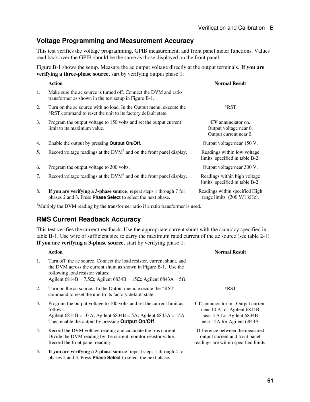 Agilent Technologies 6814B, 6834B, 6843A manual Voltage Programming and Measurement Accuracy, RMS Current Readback Accuracy 