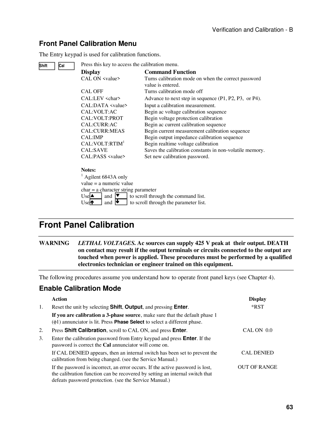 Agilent Technologies 6834B, 6814B, 6843A manual Front Panel Calibration Menu, Enable Calibration Mode 