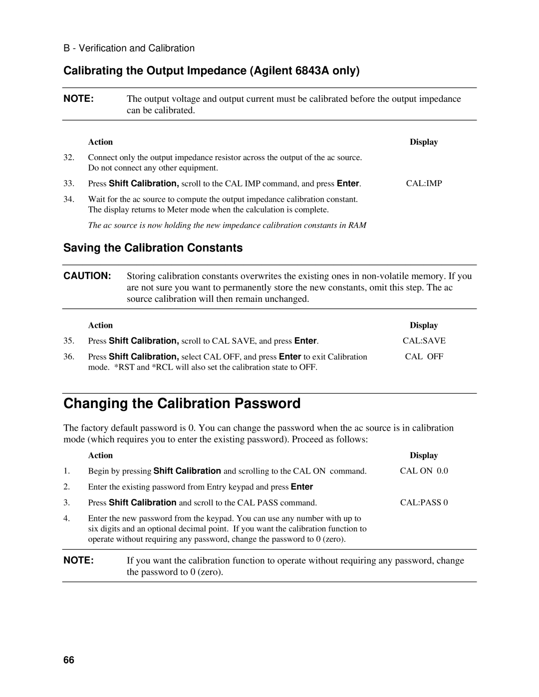 Agilent Technologies 6834B Changing the Calibration Password, Calibrating the Output Impedance Agilent 6843A only, Calpass 