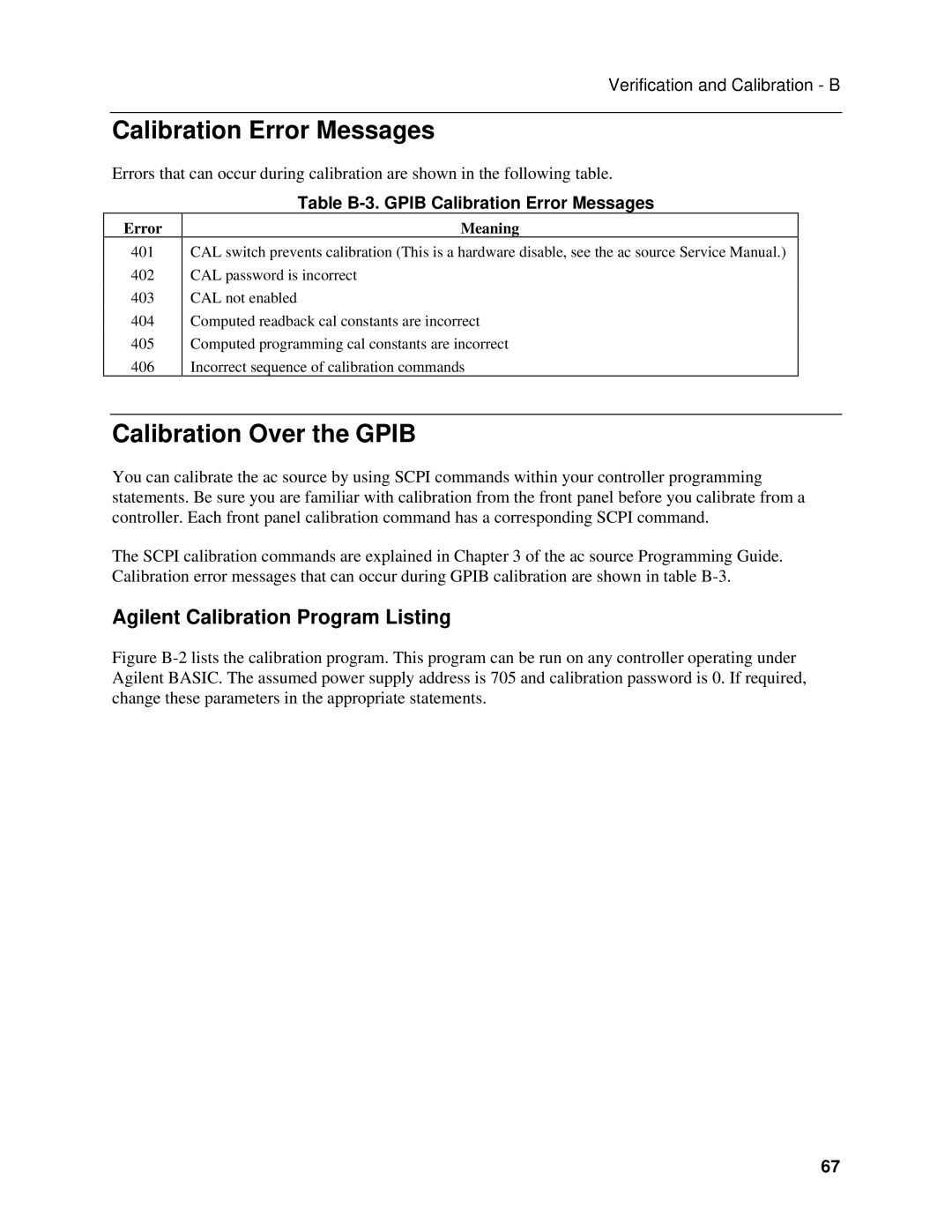 Agilent Technologies 6814B Calibration Error Messages, Calibration Over the Gpib, Agilent Calibration Program Listing 