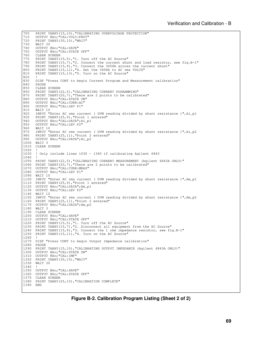 Agilent Technologies 6834B, 6814B, 6843A manual Figure B-2. Calibration Program Listing Sheet 2 