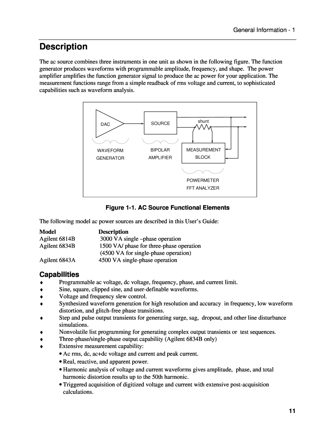 Agilent Technologies 6843A, 6834B, 6814B manual Description, Capabilities, 1.AC Source Functional Elements, Model 