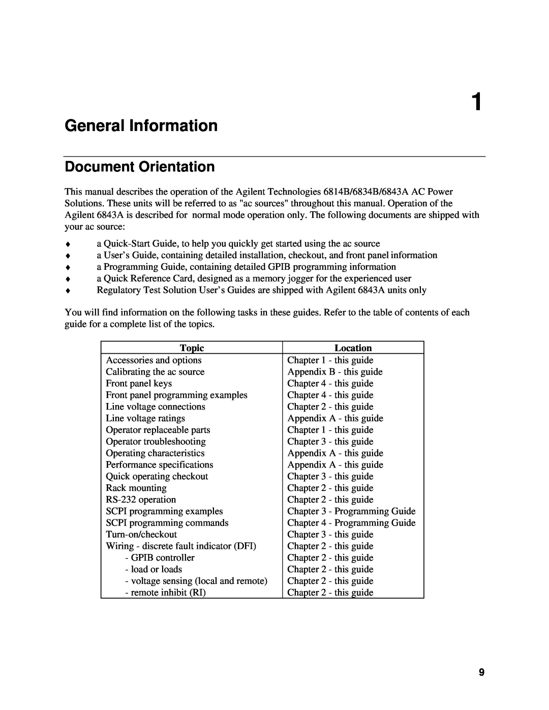 Agilent Technologies 6834B, 6814B, 6843A manual General Information, Document Orientation, Topic, Location 