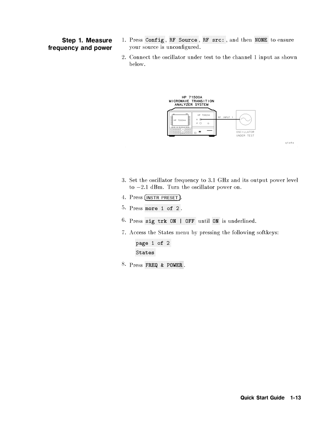 Agilent Technologies 71500A QuickStartGuide1-13, softkeys, below, urntheoscillatorpoweron, Settheoscillatrfrequncy, page1 