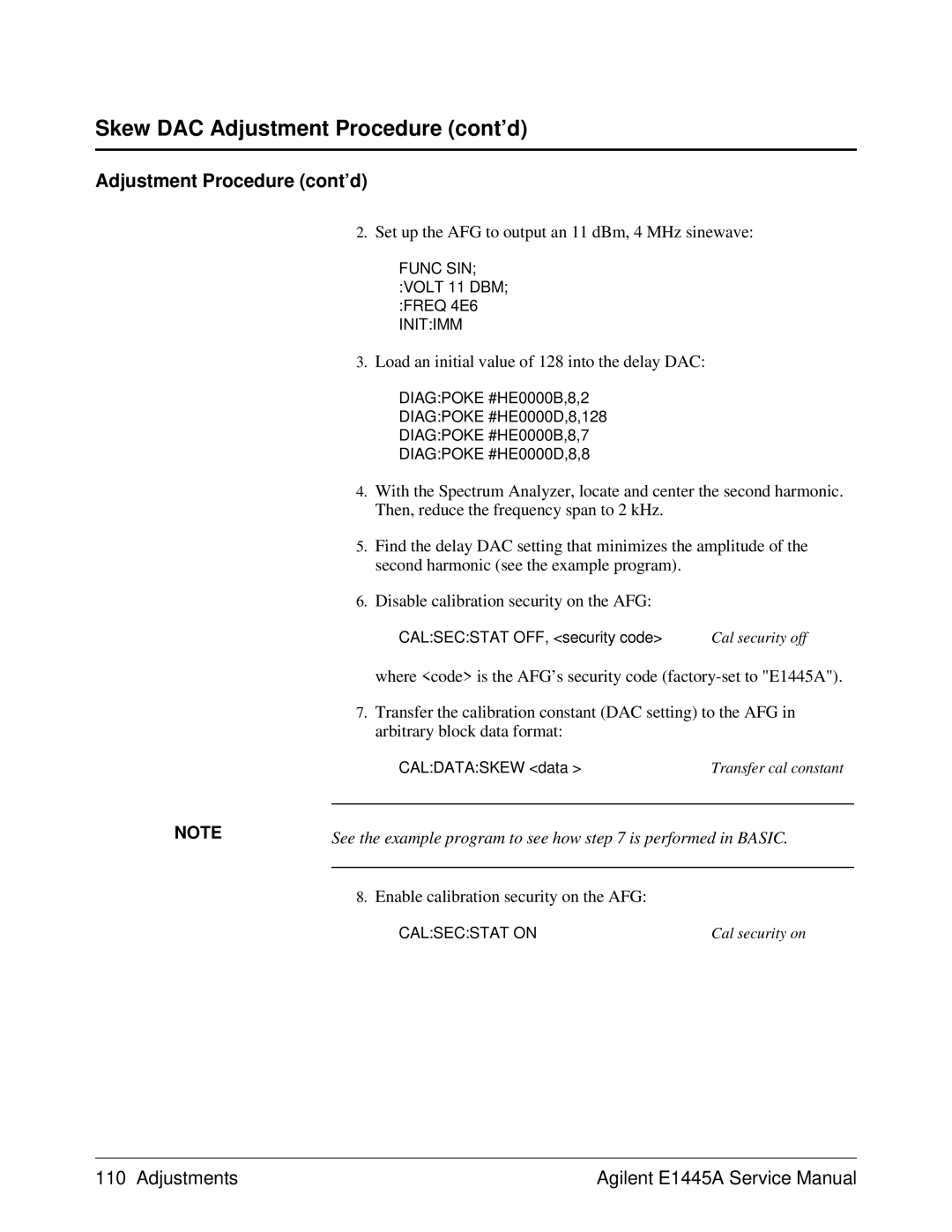 Agilent Technologies 75000 Series C Skew DAC Adjustment Procedure cont’d, Load an initial value of 128 into the delay DAC 