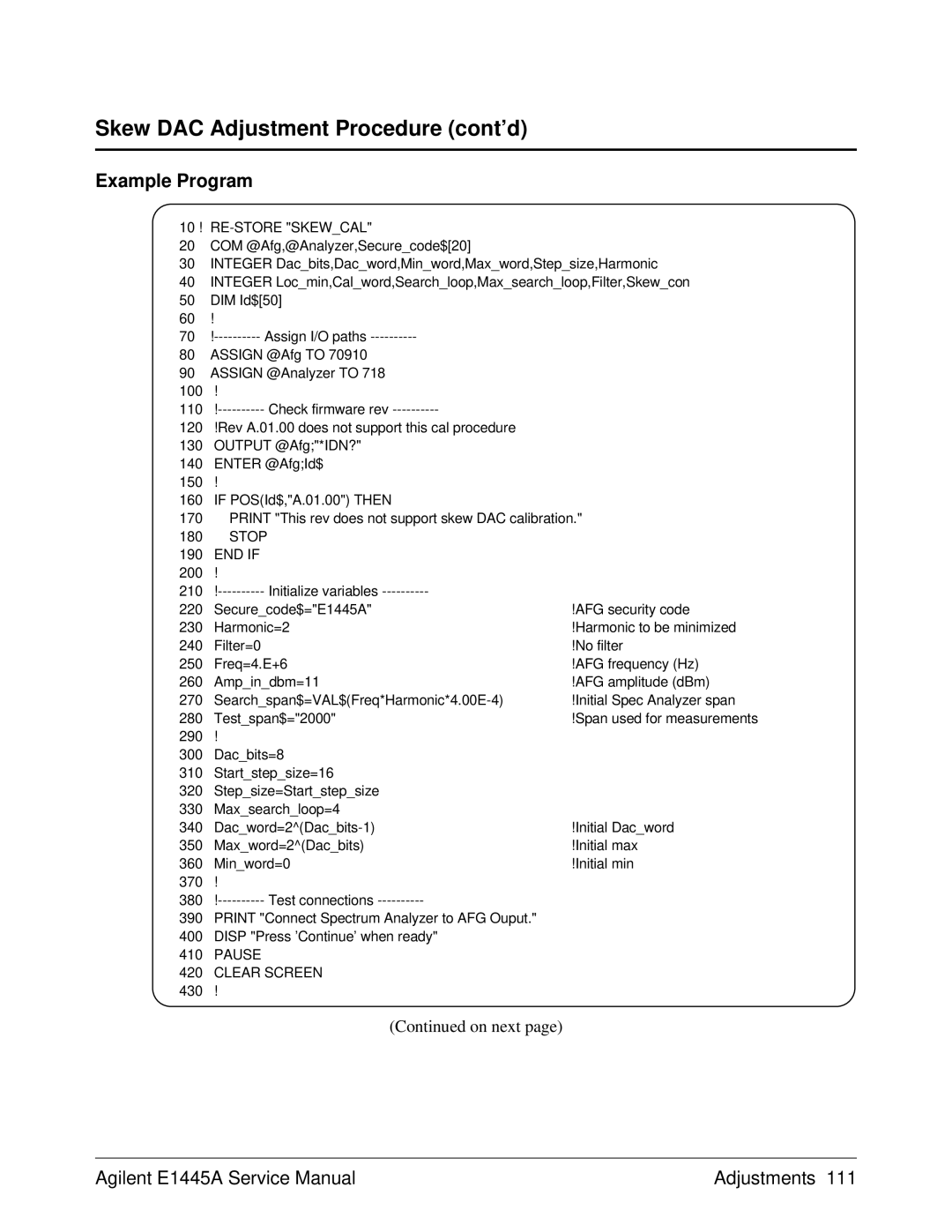 Agilent Technologies E1445A, 75000 Series C service manual 10 ! RE-STORE Skewcal, Pause Clear Screen 