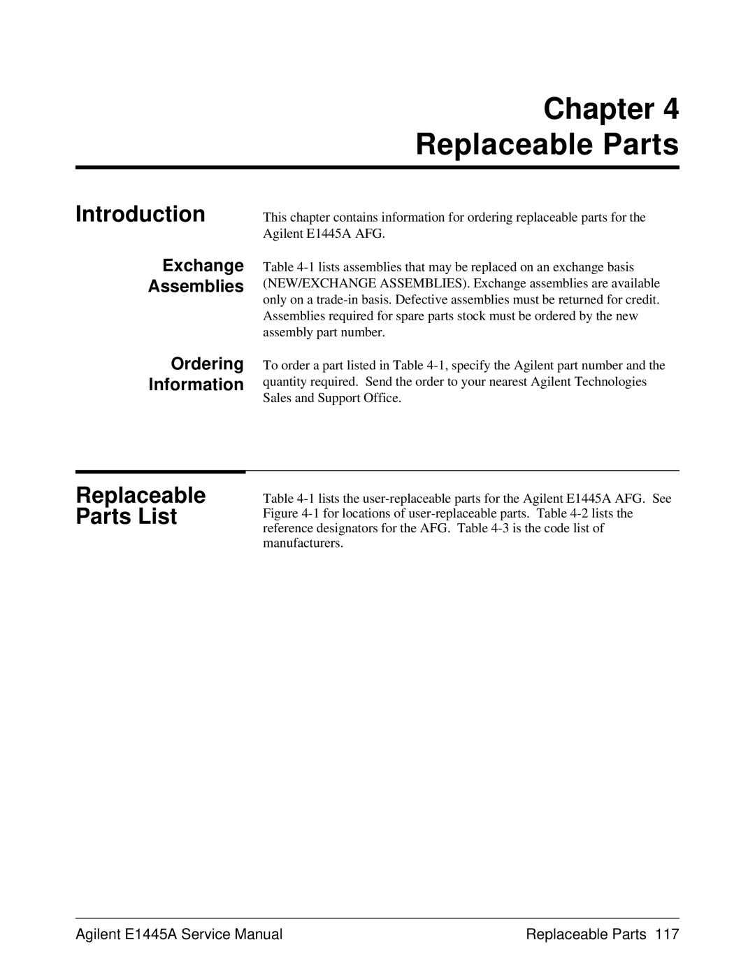 Agilent Technologies E1445A, 75000 Series C service manual Replaceable Parts List, Exchange Assemblies 