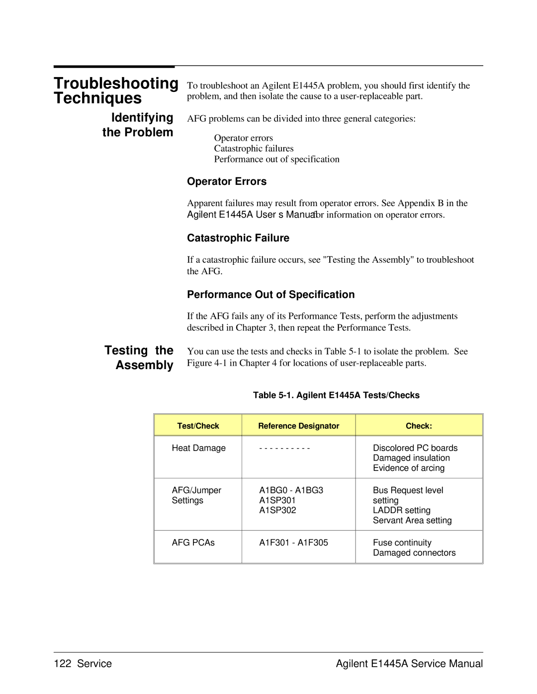 Agilent Technologies 75000 Series C service manual Identifying Problem, Testing the Assembly, Agilent E1445A Tests/Checks 