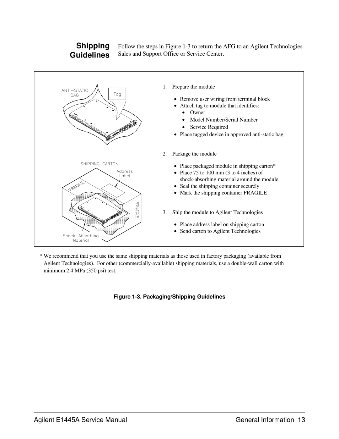 Agilent Technologies E1445A, 75000 Series C service manual Shipping, Sales and Support Office or Service Center 