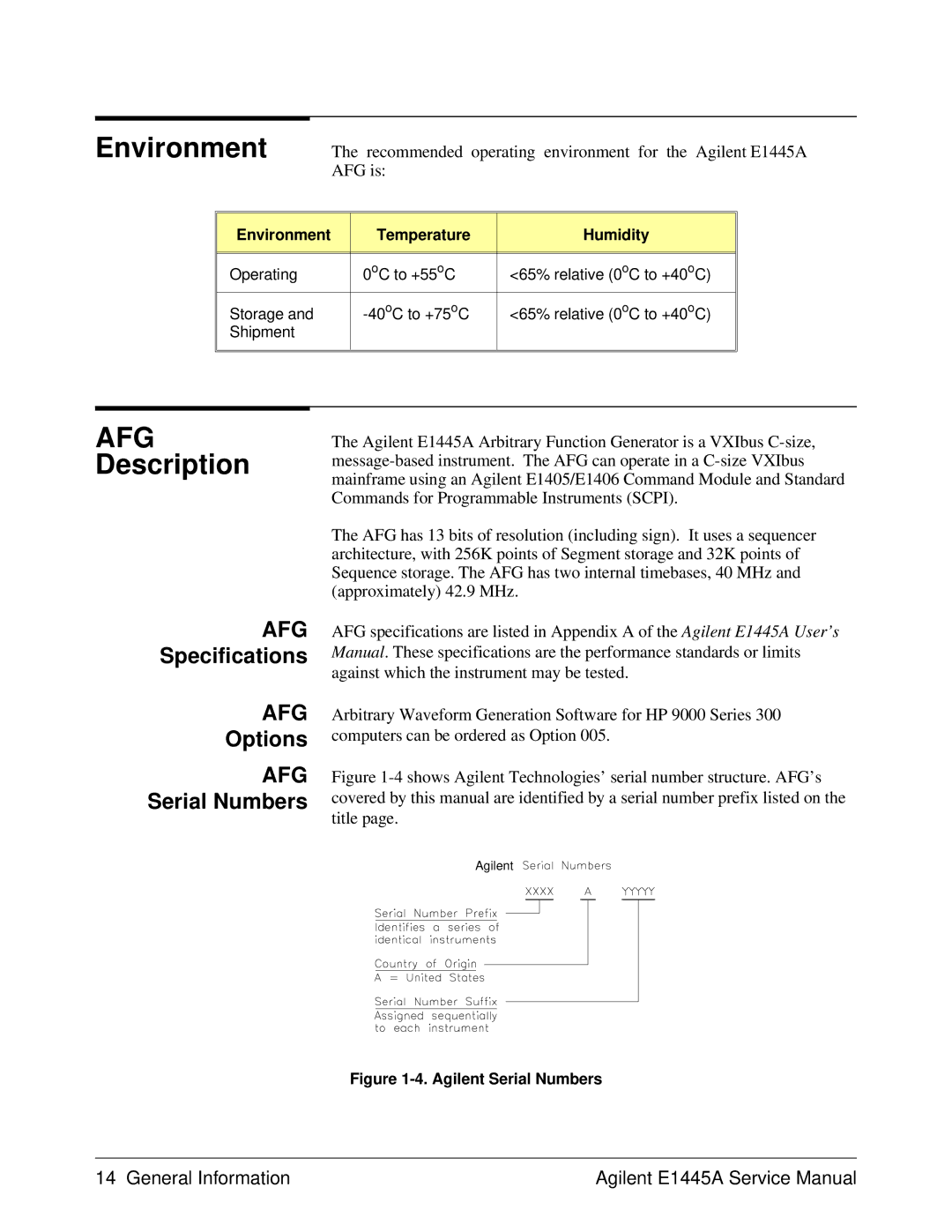 Agilent Technologies 75000 Series C, E1445A Description, Specifications, Options, Environment Temperature Humidity 