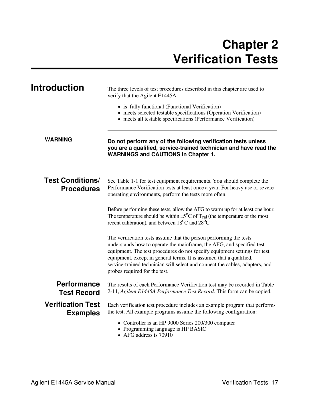 Agilent Technologies E1445A, 75000 Series C service manual Verification Tests 