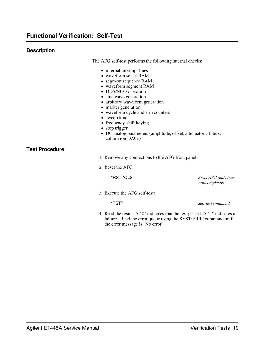 Agilent Technologies E1445A Functional Verification Self-Test, Remove any connections to the AFG front panel Reset the AFG 