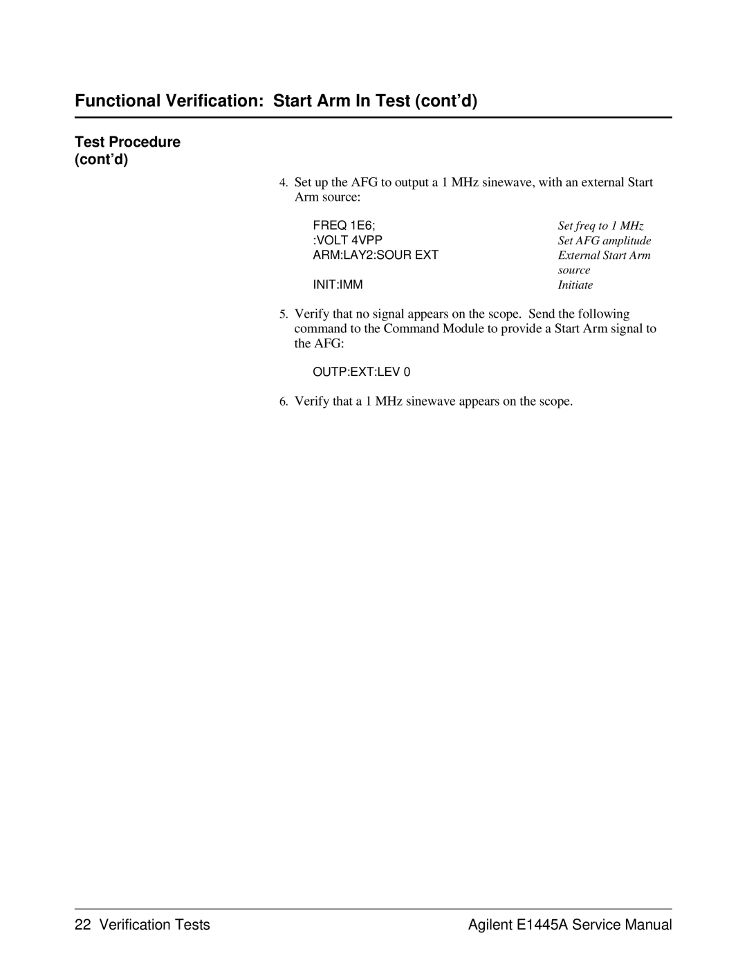 Agilent Technologies 75000 Series C, E1445A service manual Functional Verification Start Arm In Test cont’d 