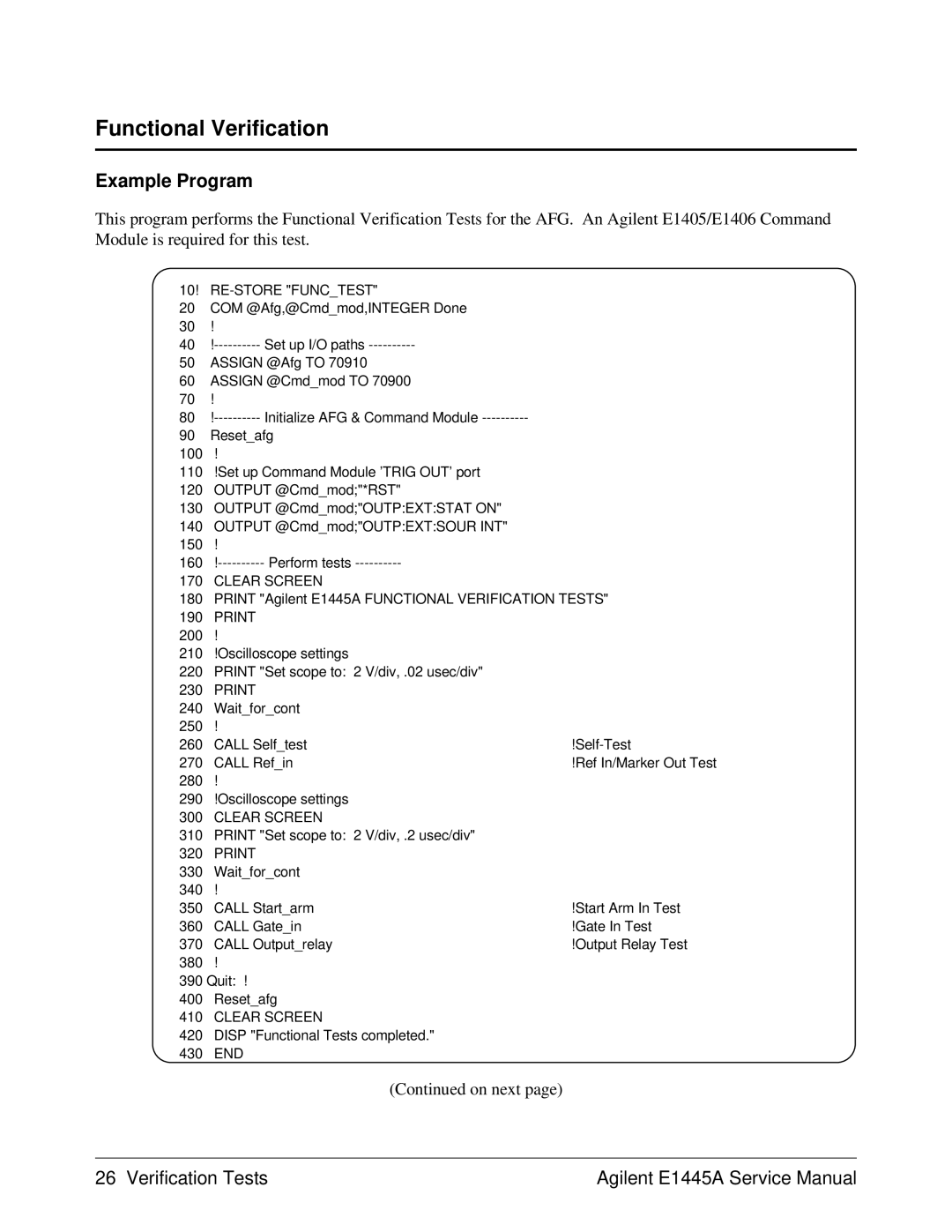 Agilent Technologies 75000 Series C, E1445A Functional Verification, On next, 10! RE-STORE Functest, Clear Screen, Print 