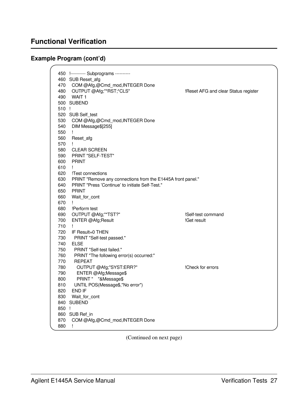 Agilent Technologies E1445A, 75000 Series C service manual Subend, Clear Screen Print SELF-TEST, Repeat 