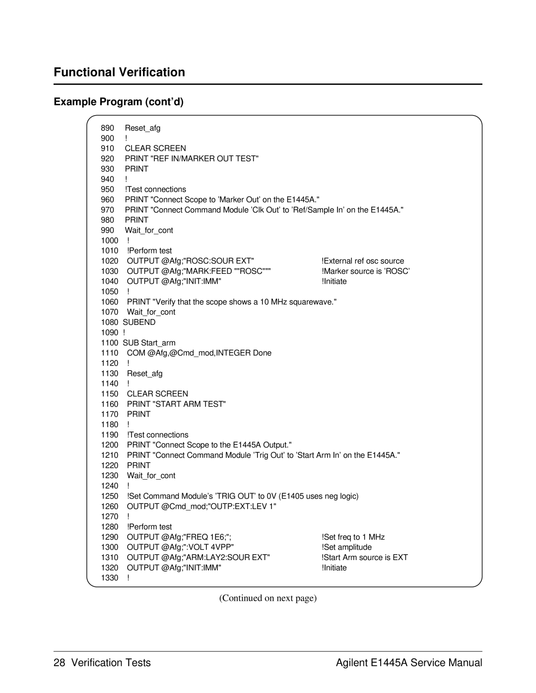 Agilent Technologies 75000 Series C, E1445A service manual Clear Screen Print REF IN/MARKER OUT Test, Print Start ARM Test 