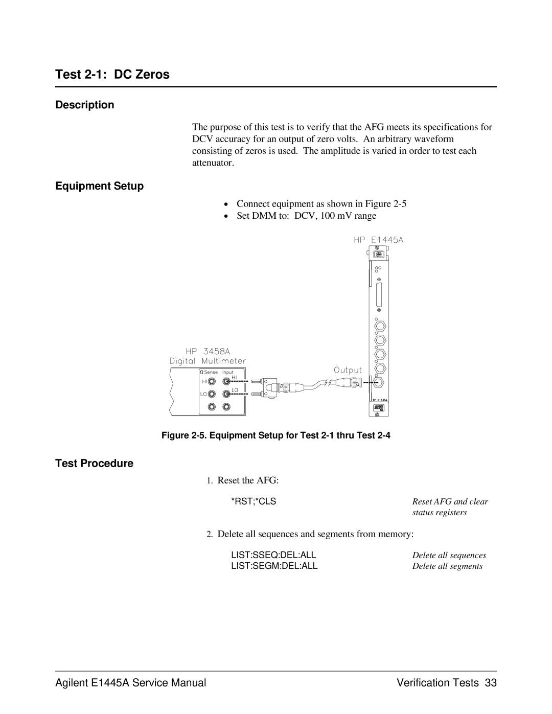 Agilent Technologies E1445A, 75000 Series C service manual Test 2-1 DC Zeros, Delete all sequences and segments from memory 