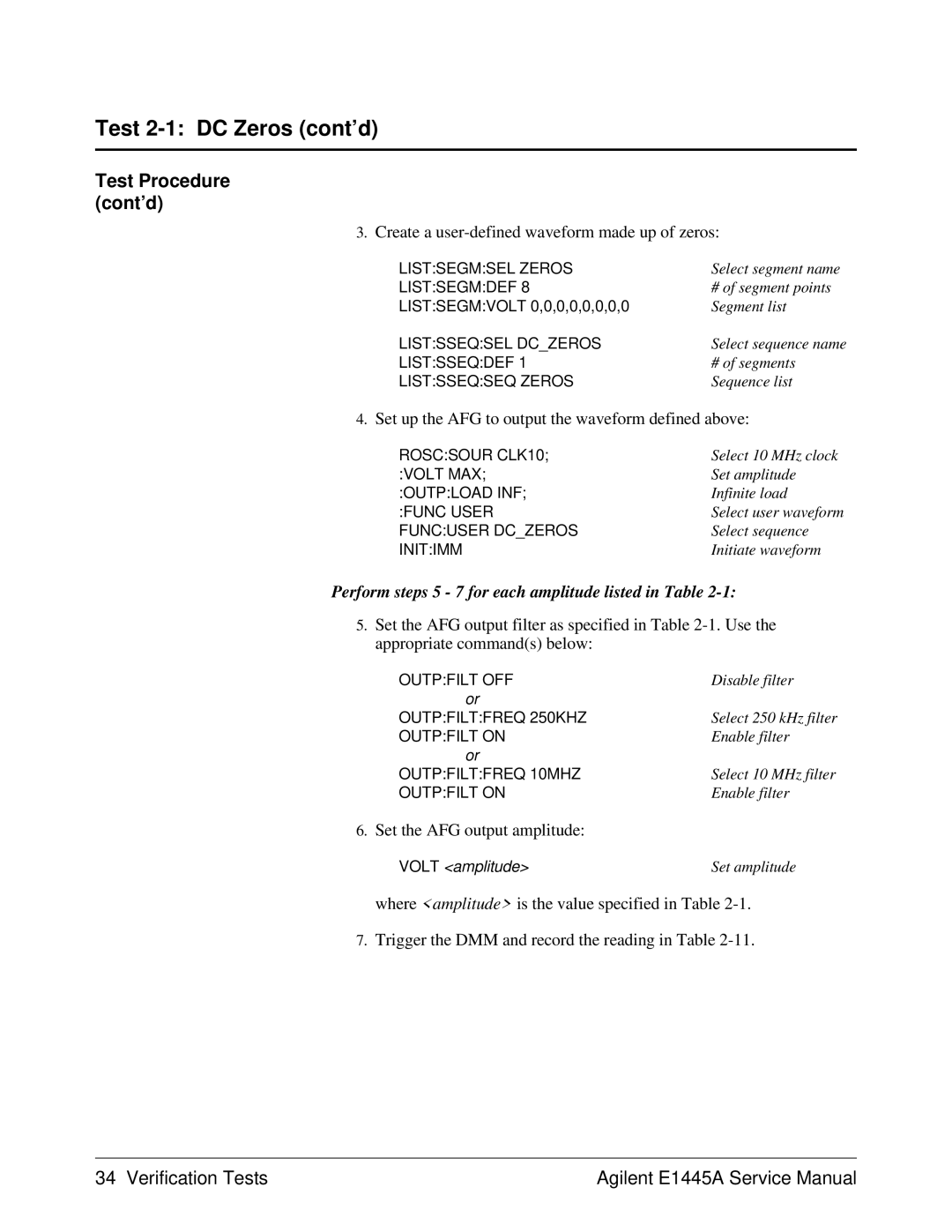 Agilent Technologies 75000 Series C, E1445A Test 2-1 DC Zeros cont’d, Create a user-defined waveform made up of zeros 